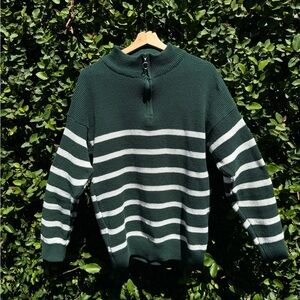ASOS Dark Green and White Striped Zip Up Sweater